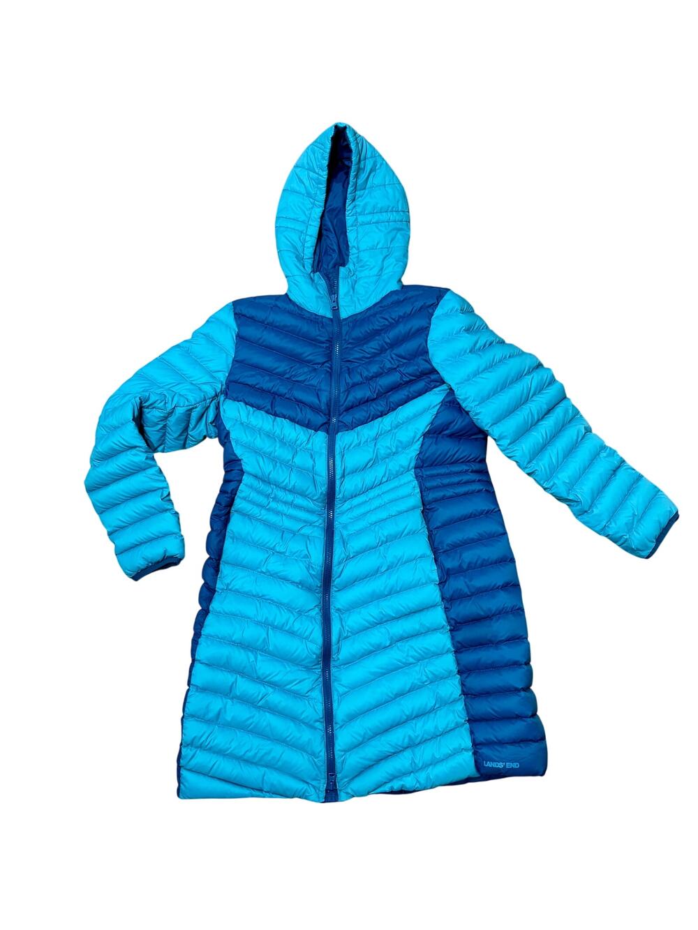 Lands' End Womens Medium 10-12 Wanderweight Packable Down Coat Nylon Blue 2 Tone